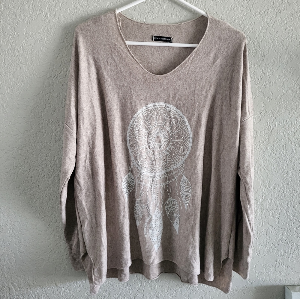 Wool Blend V-Neck Sweater Rhinestone Dreamcatcher